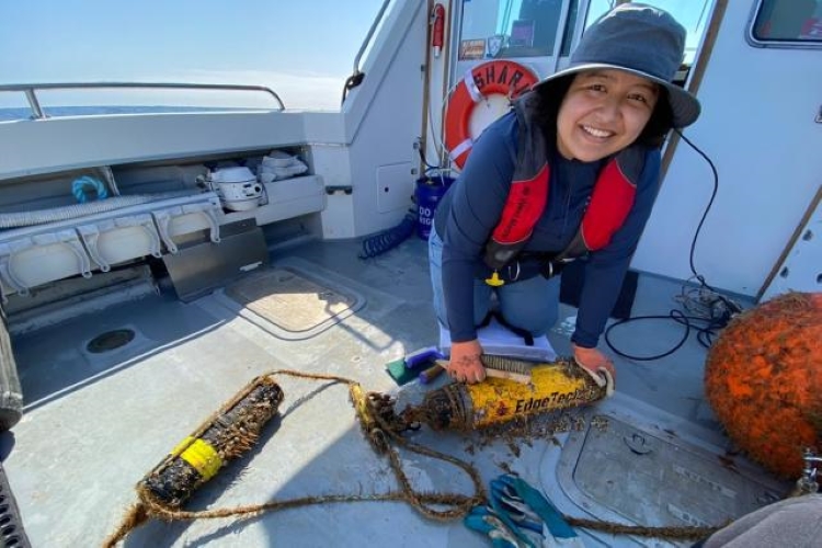 An image of California State University Council on Ocean Affairs, Science & Technology and Channel Islands National Marine Sanctuary intern Danny Dorado retrieving hydrophones aboard a research vessel. Credit: Danny Dorado