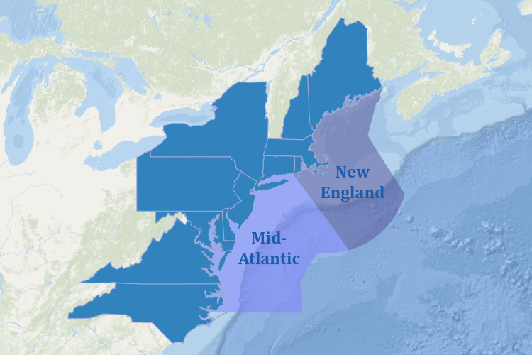 A map of the Northeast region, showing the jurisdictions of the New England and Mid-Atlantic Fishery Management Councils. Credit: NOAA Fisheries