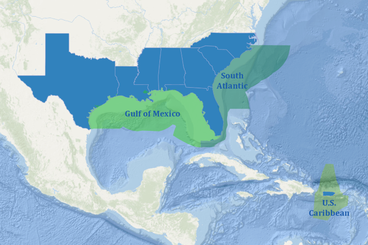 A map of the Southeast United States, showing the jurisdictions of the South Atlantic, Gulf of Mexico, and U.S. Caribbean Fishery Management Councils. Credit: NOAA Fisheries