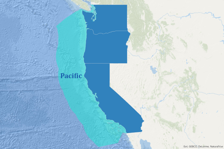 A map of the U.S. West Coast region, showing the jurisdiction of the Pacific Fishery Management Council. Credit: NOAA Fisheries