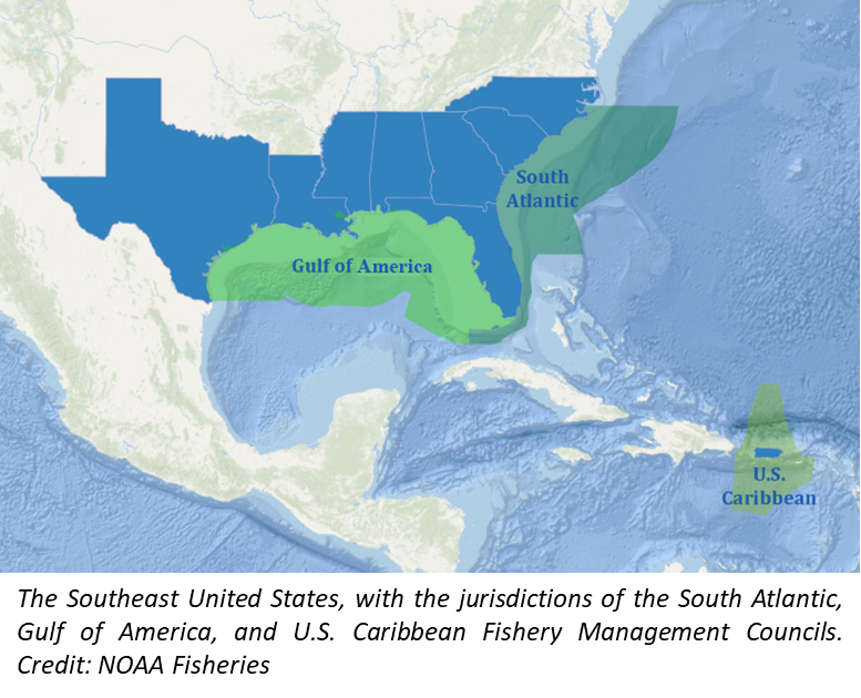 The Southeast United States, with the jurisdictions of the South Atlantic, Gulf of America, and U.S. Caribbean Fishery Management Councils. Credit: NOAA Fisheries